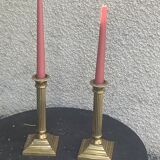 Pair of gilded brass candlesticks, vintage column shape