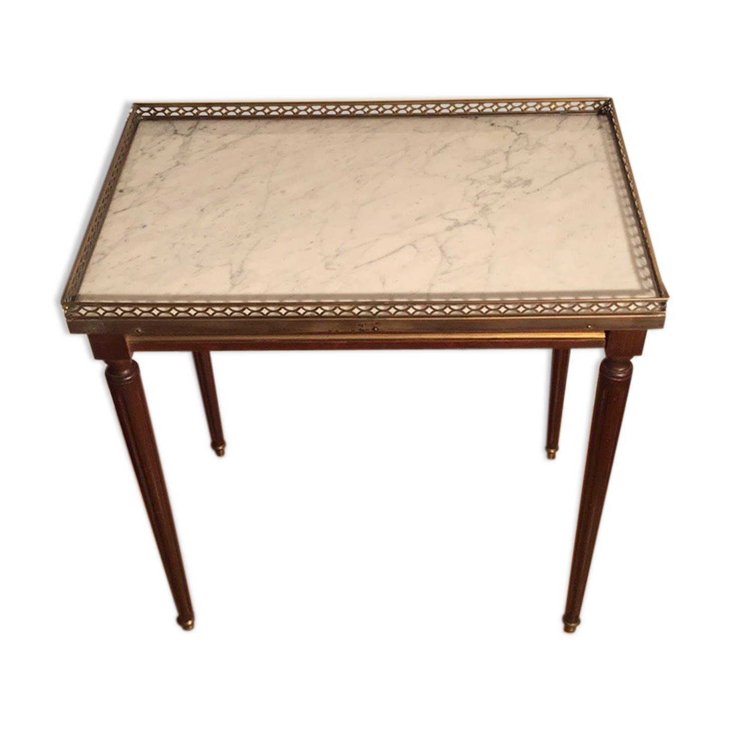 Louis XVI style side table in mahogany and white marble tray.