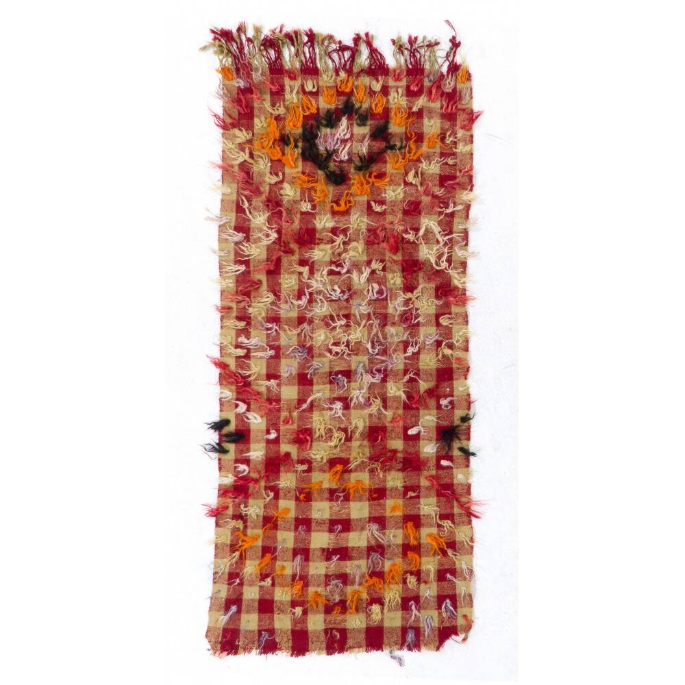 Vintage Handwoven Checkered Kilim Rug with Red and Beige Checkered Design and Colorful Wool Pom Pom