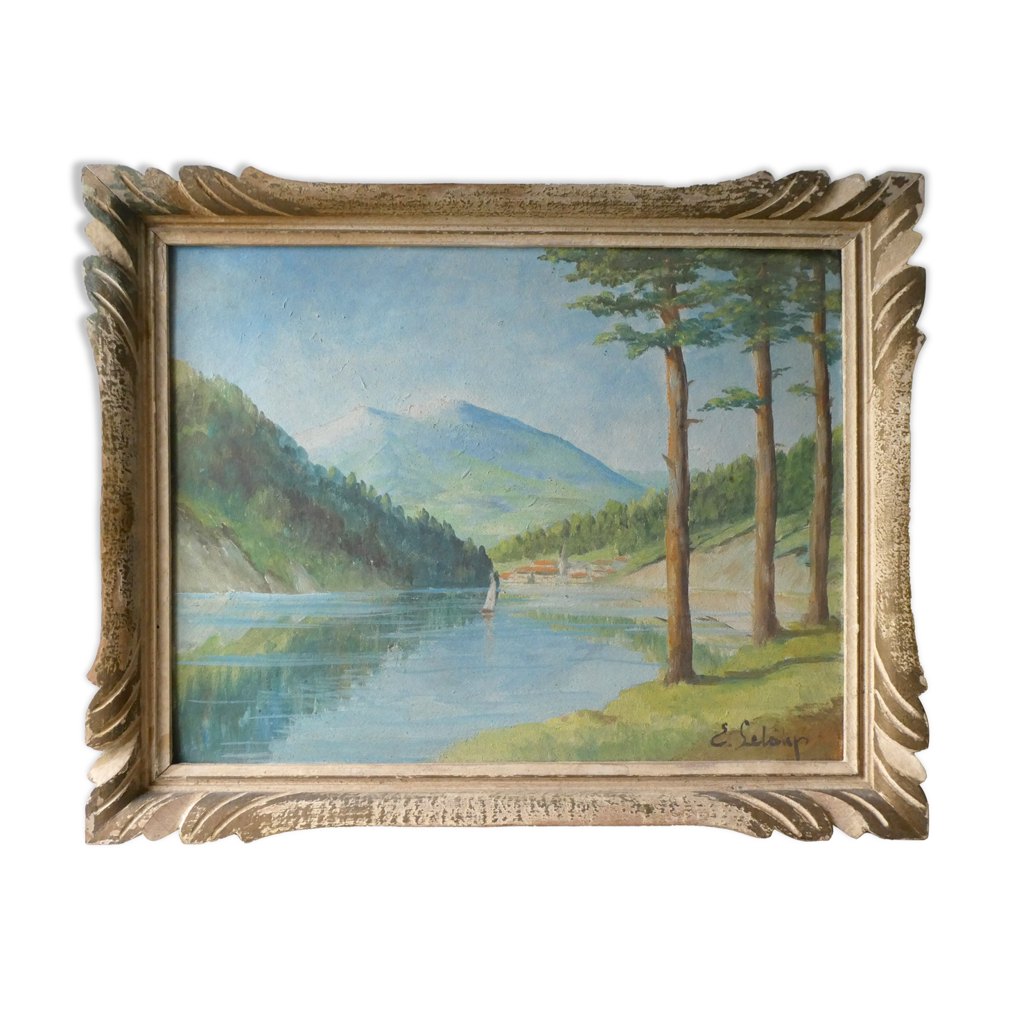 Painting, oil on cardboard, mountain landscape, lake, signed