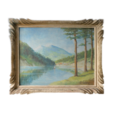 Tableau, huile sur carton, paysage de montagne, lac, signé