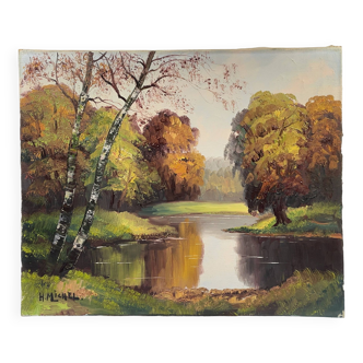 Oil on canvas, "Autumn lake landscape", Signed H. Michel