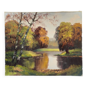 Huile sur toile, "Paysage lacustre d'automne", Signé H. Michel