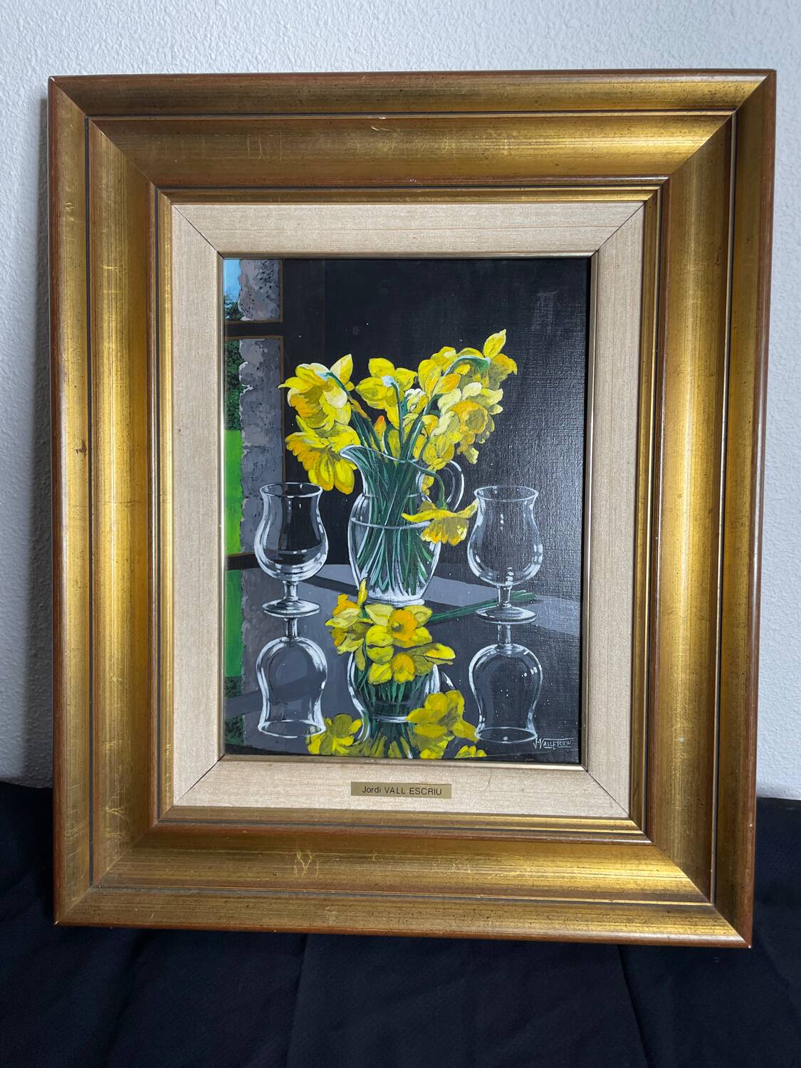 Oil on canvas signed Jordi Vall Escriu Yellow narcissus and two cups