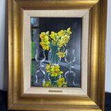 Oil on canvas signed Jordi Vall Escriu Yellow narcissus and two cups