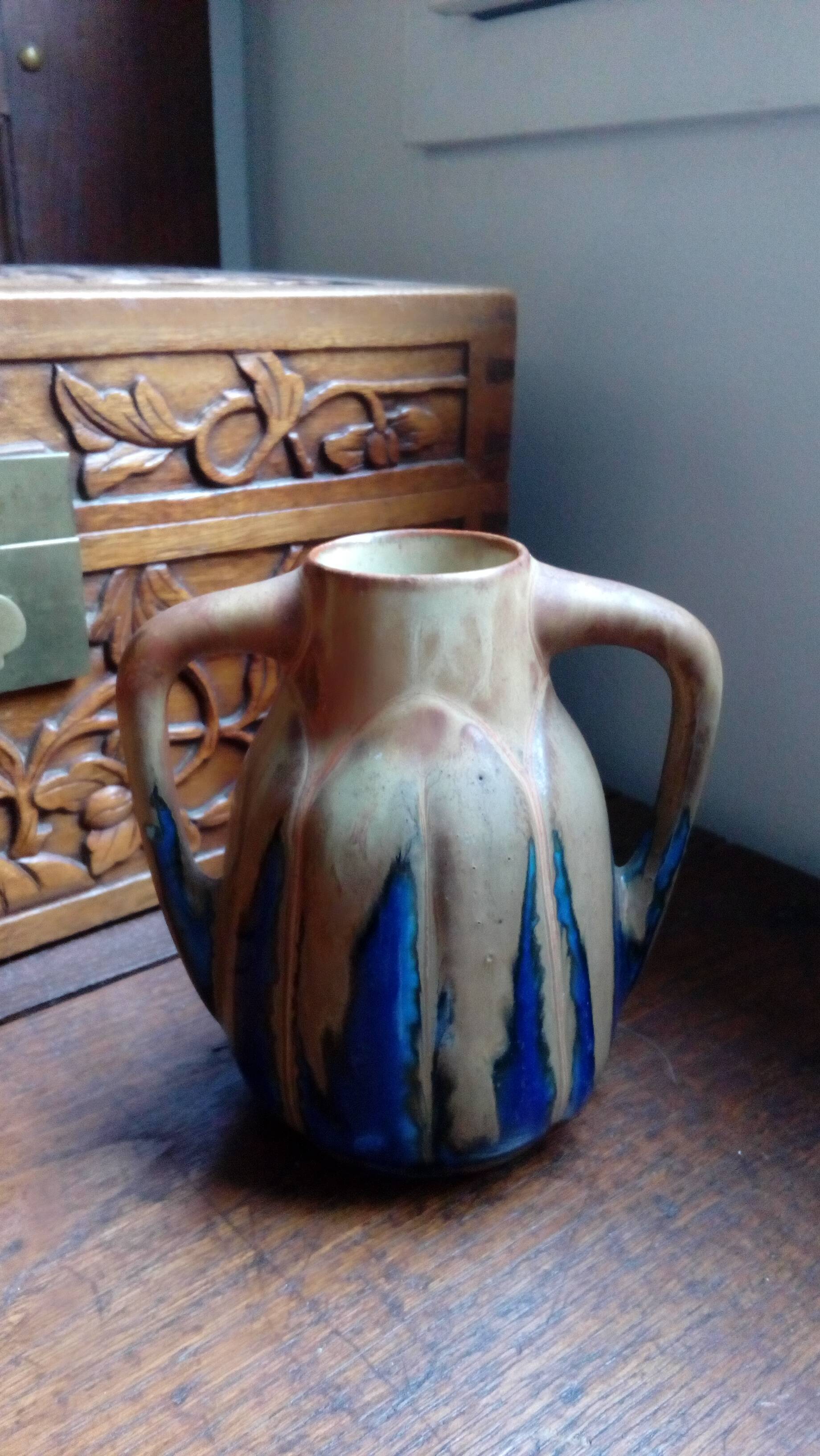 Blue enamelled flamed sandstone vase by Méténier