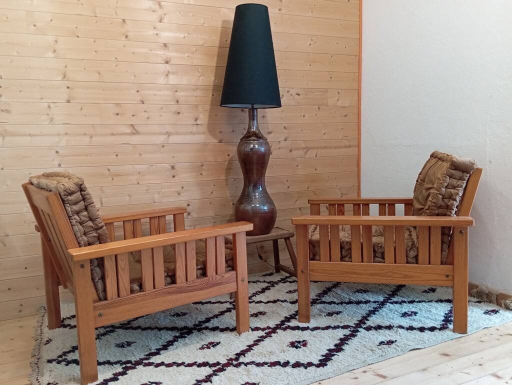 Pair of 70s pine armchairs