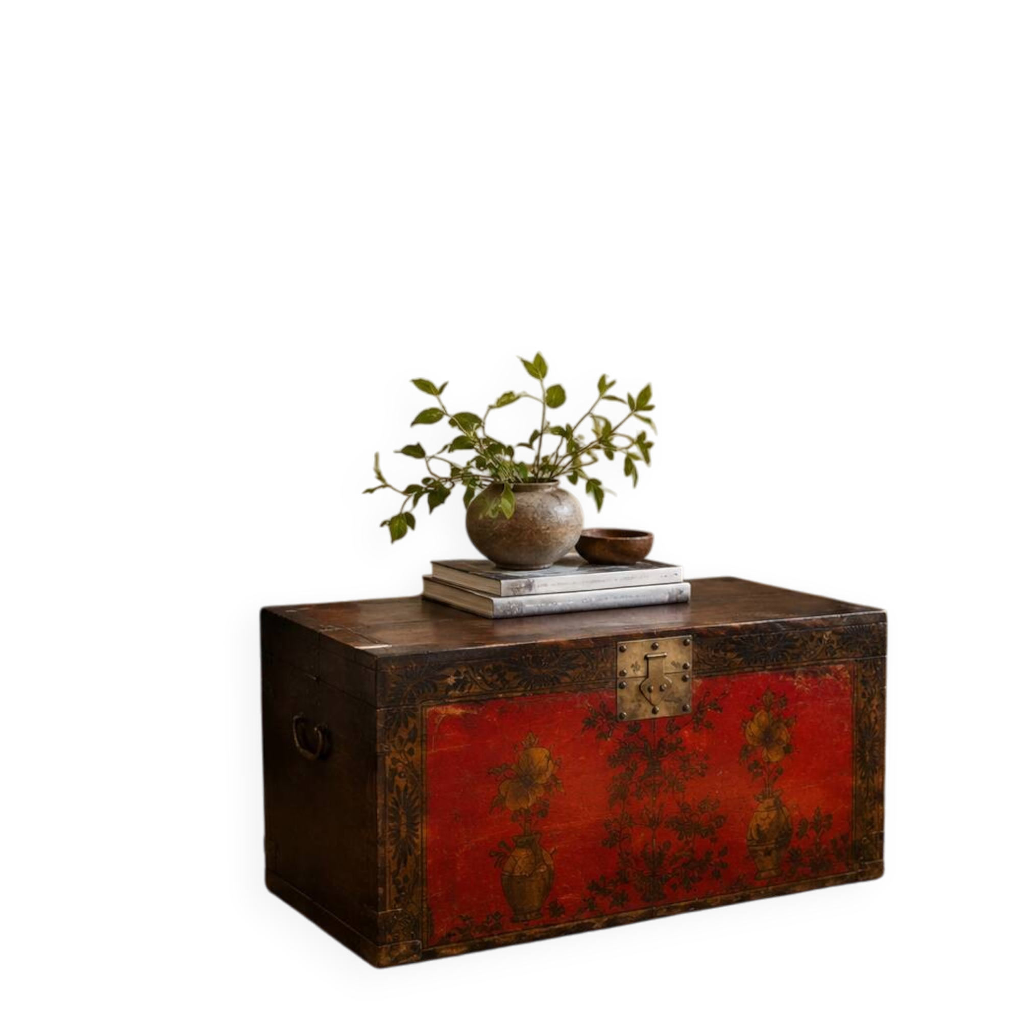 Antique Chinese Red Lacquered Trunk with Hand-Painted Floral Decorations