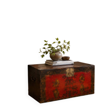 Antique Chinese Red Lacquered Trunk with Hand-Painted Floral Decorations