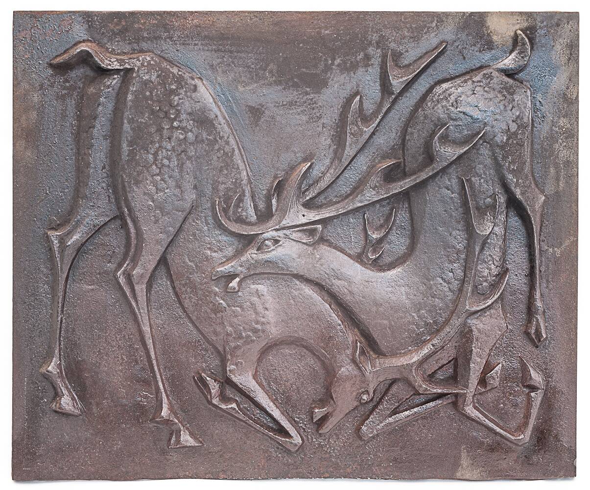 Cast iron fireplace plaque. Signed "L. Martinez". Stern Foundry Circa 19
