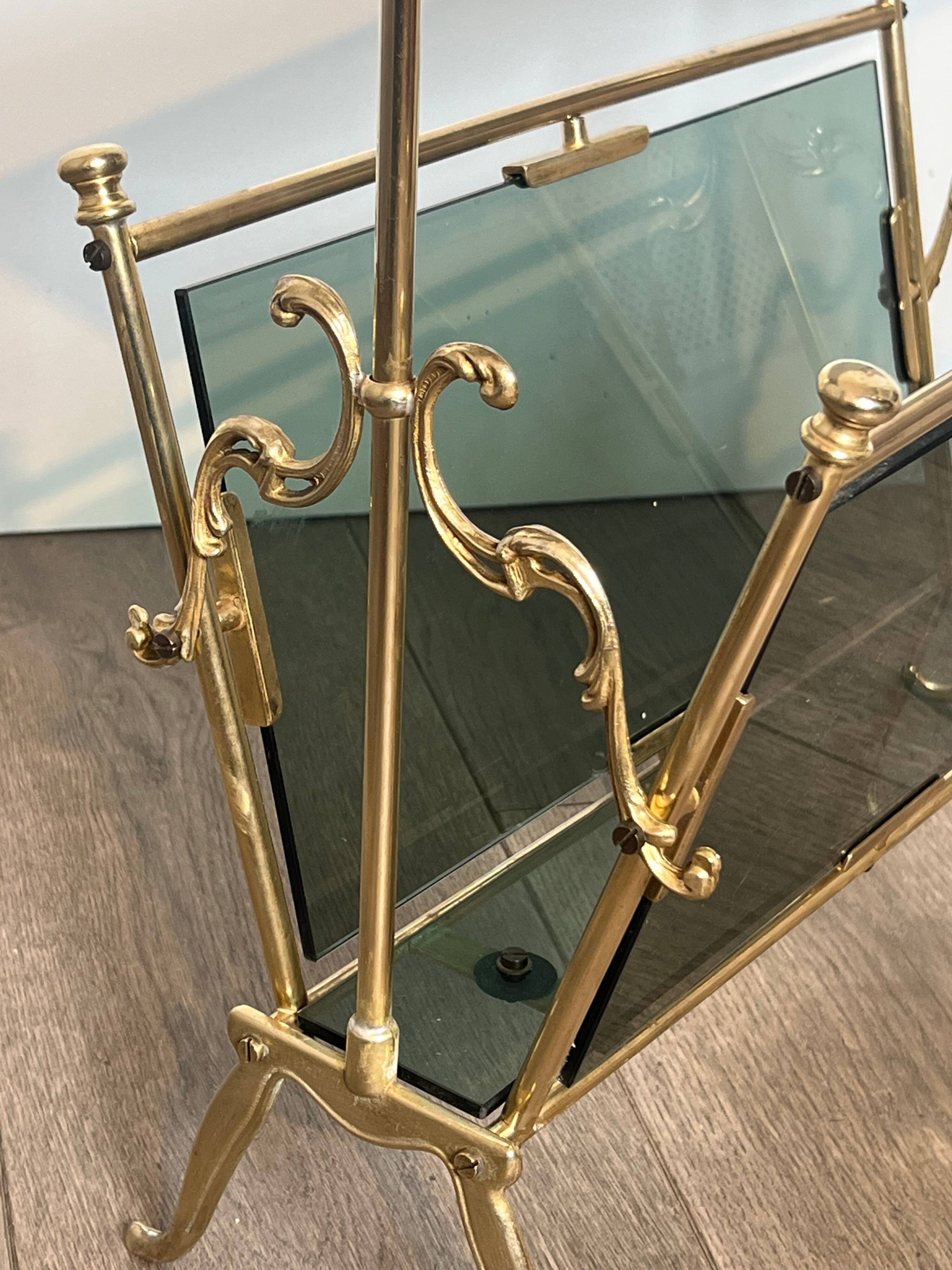 Brass magazine rack and blue-tinted glasses