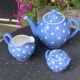 Lavender blue earthenware tea service with white polka dots from Digoin Sarreguemines.