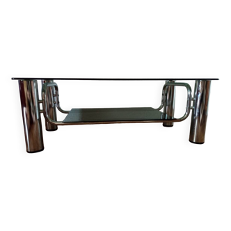 Table basse vintage chrome et verre fumé