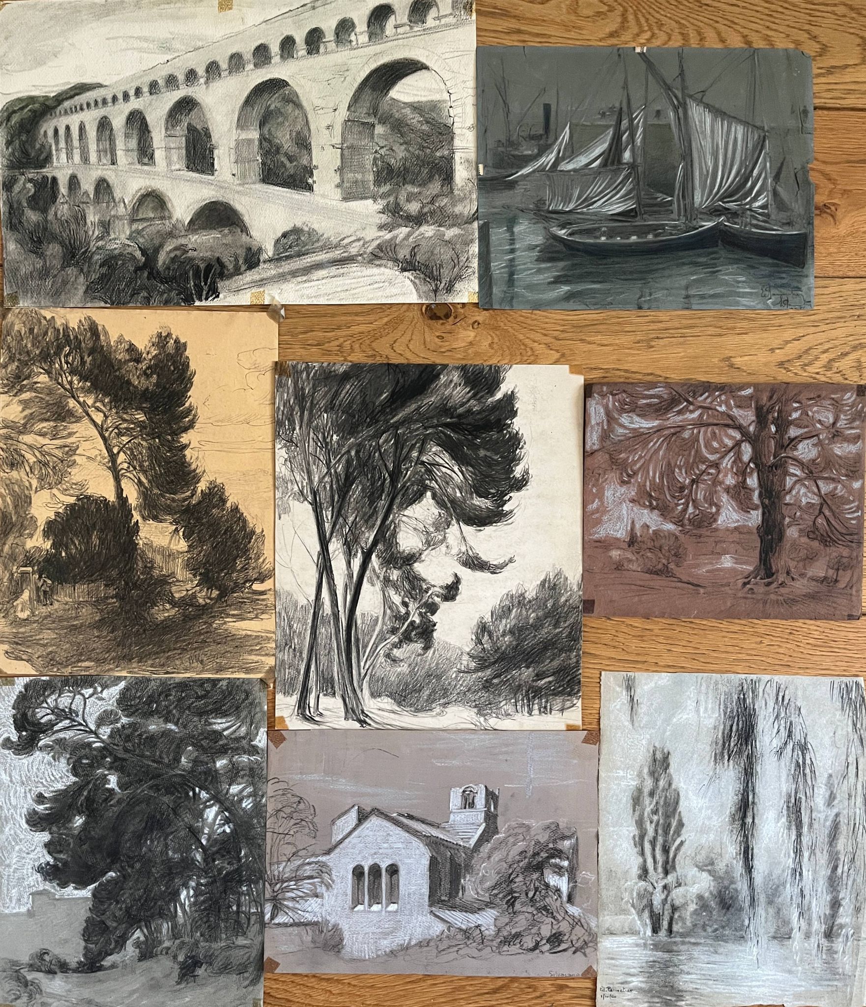 Paintings set of 8 drawings by Ed. Pannetier (1884-1965) Trees and landscapes