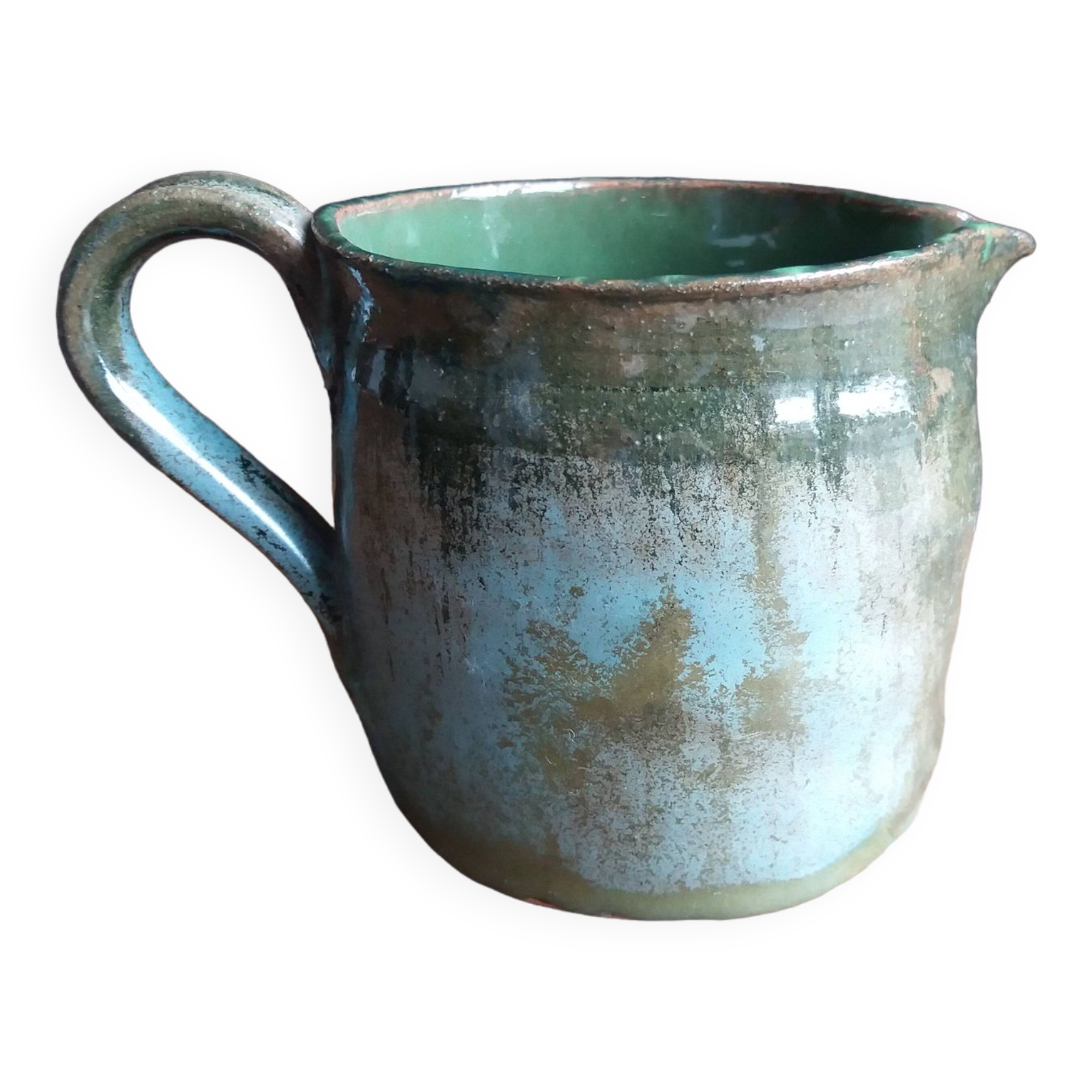 Handcrafted enameled terracotta pitcher signed