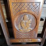 Breton dining room table with 2 extensions and 6 chairs with carved Breton characters