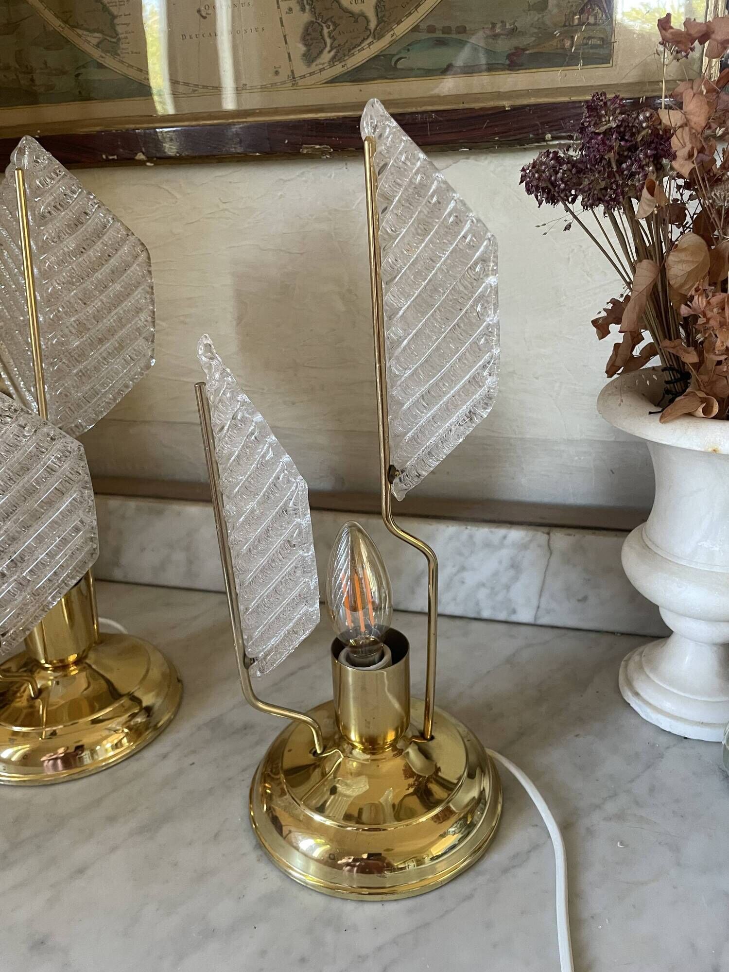 Paire de lampes métal doré et verre texturé, Mirasluz, 70’s