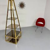 Étagère Pyramide design Hollywood Regency  Laiton Doré  Verre Fumé an. 60