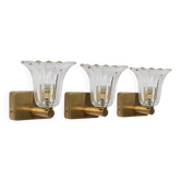 Set of 3 Art Decò Barovier & Toso Wall Light Murano Art Glass and Brass