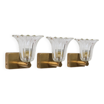 Set of 3 Art Decò Barovier & Toso Wall Light Murano Art Glass and Brass