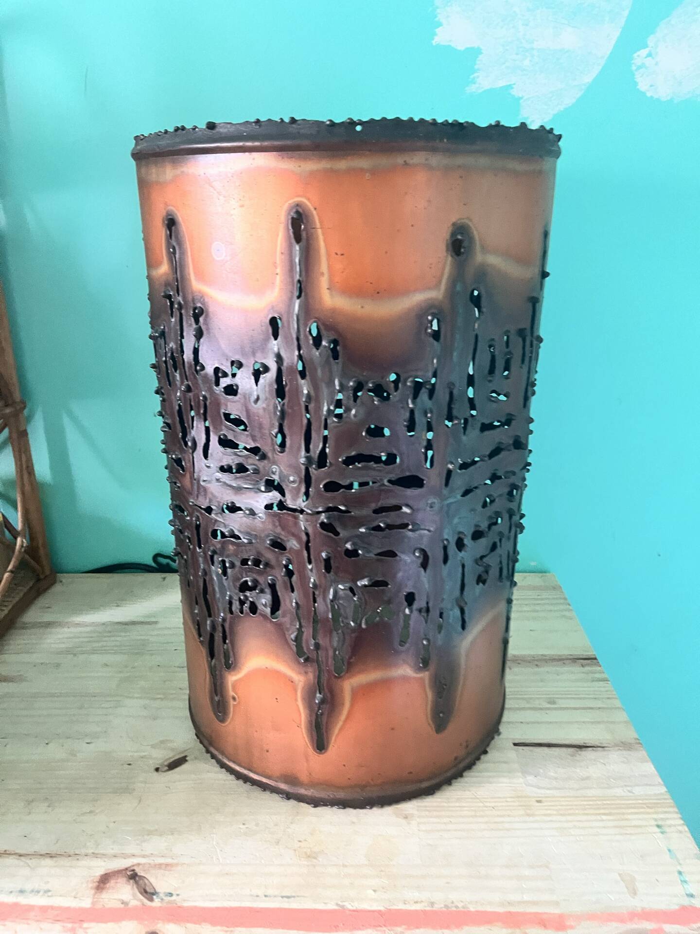 Large vintage ceramic floor lamp accolay & brutalist copper - 10