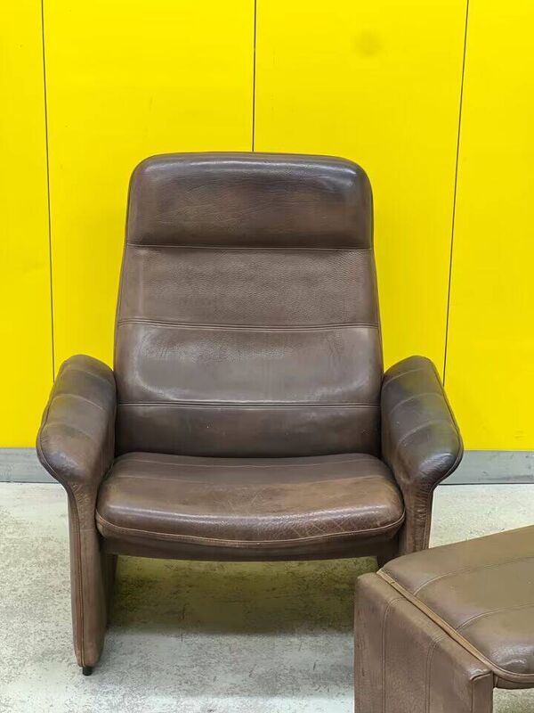 Fauteuil vintage en cuir marron DS 50 de De Sede, années 1960-1970 + tabouret