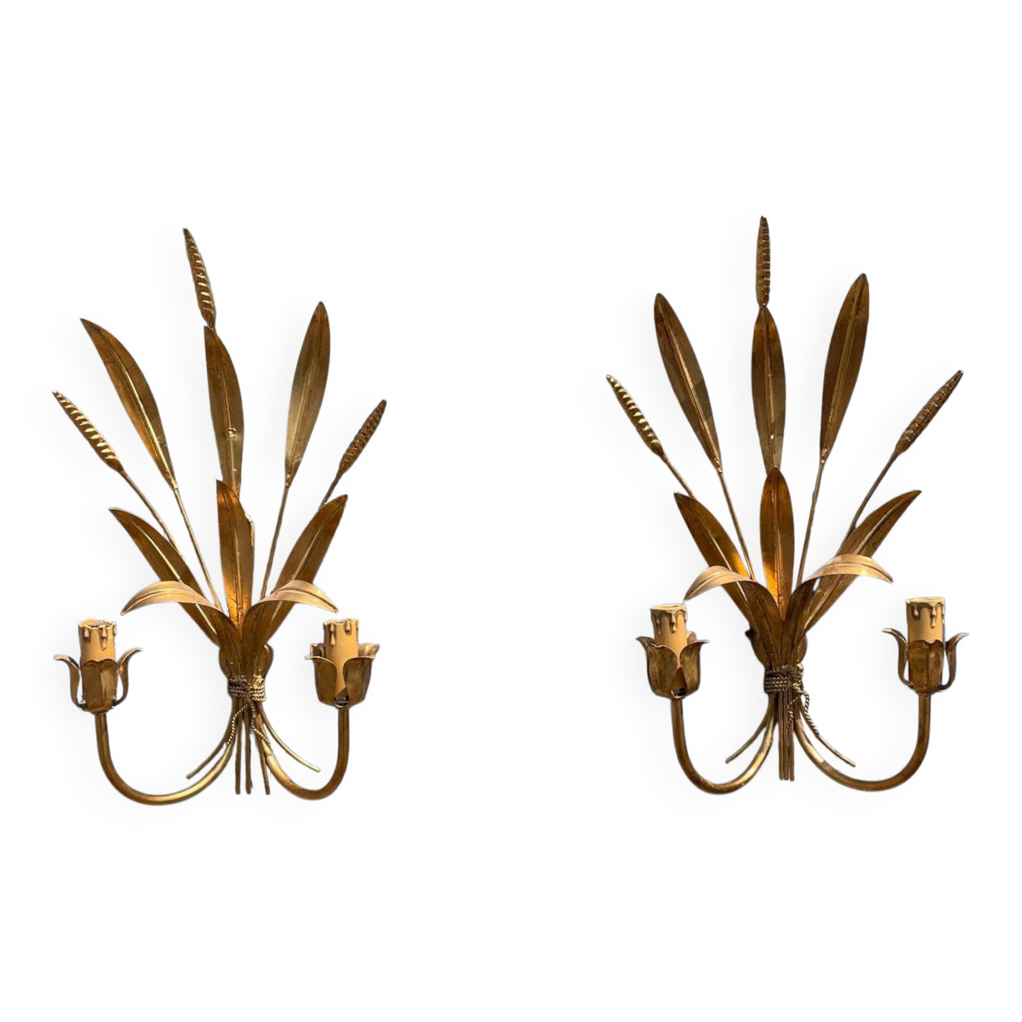 Pair of wall sconces in the shape of a wheat sheaf with two lights.