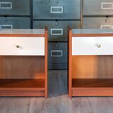 Pair of bedside tables, mahogany, white laminate and brass, 1970