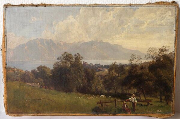Peinture paysage montagne, personnes et lac