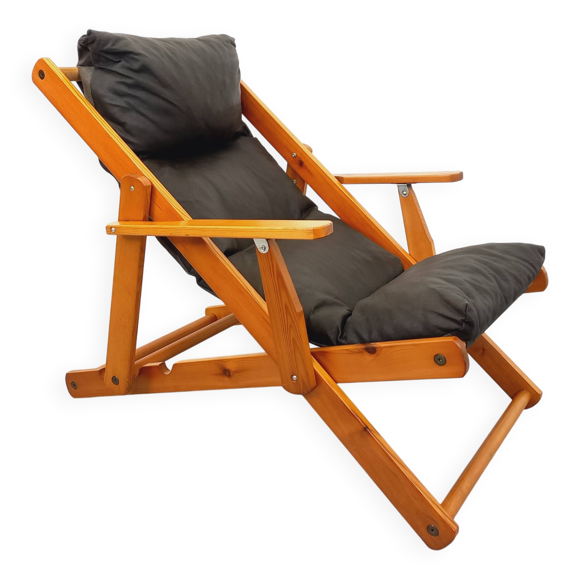 Vintage adjustable folding chaise longue armchair in pine and faux leather