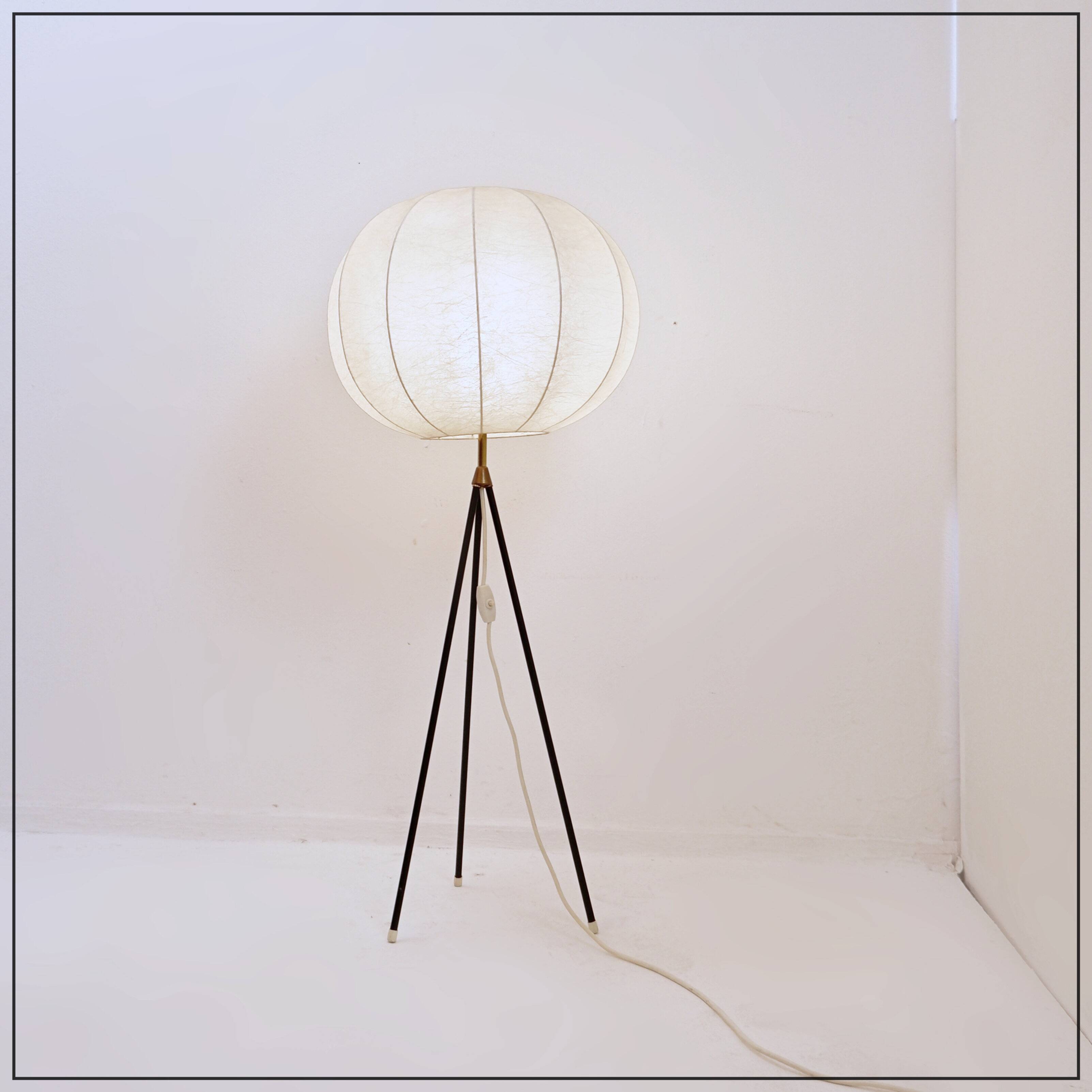 Vintage cocoon tripod floor lamp with brass details, 1960s