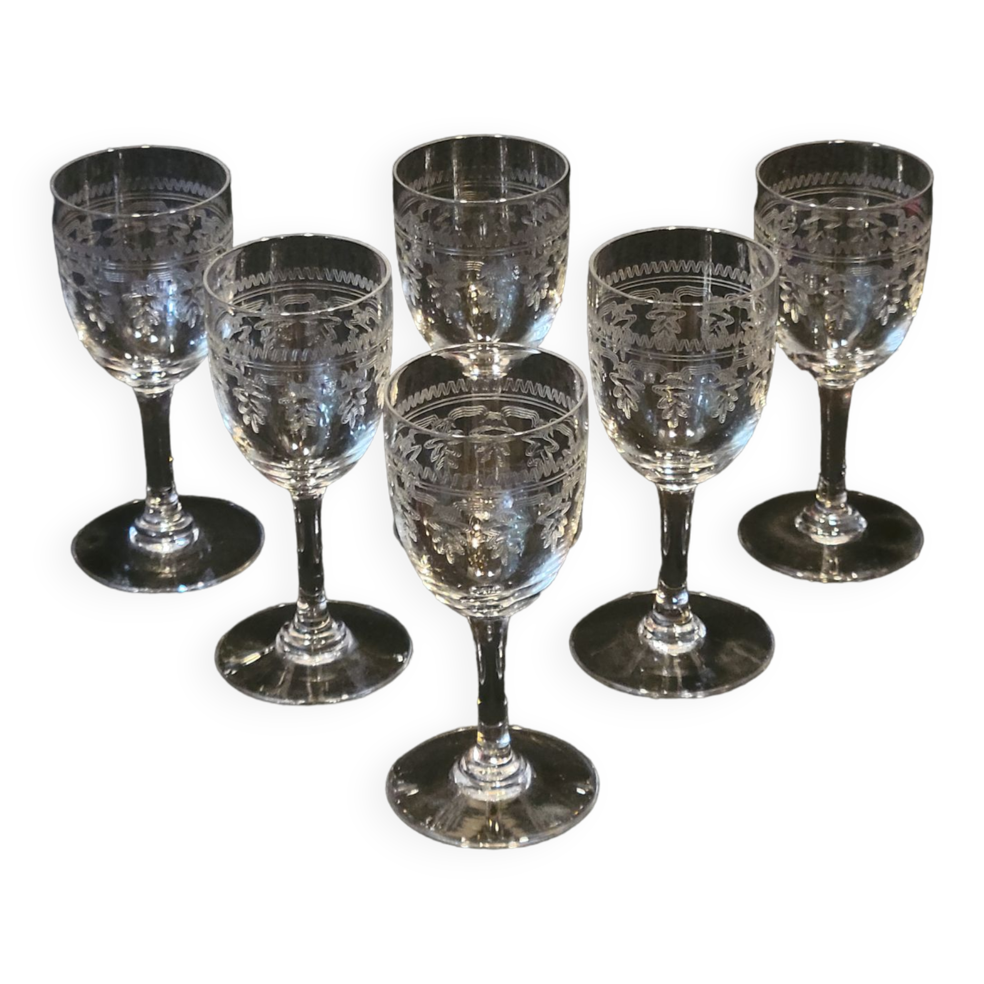 6 old glasses with engraved baccarat crystal wine stems