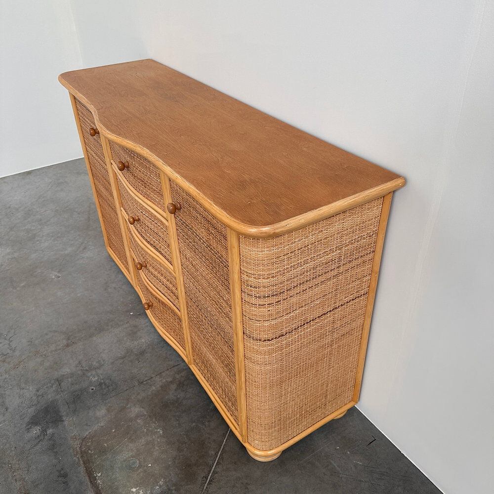 Vintage curved rattan sideboard, coastal credenza, wicker cabinet, boho buffet