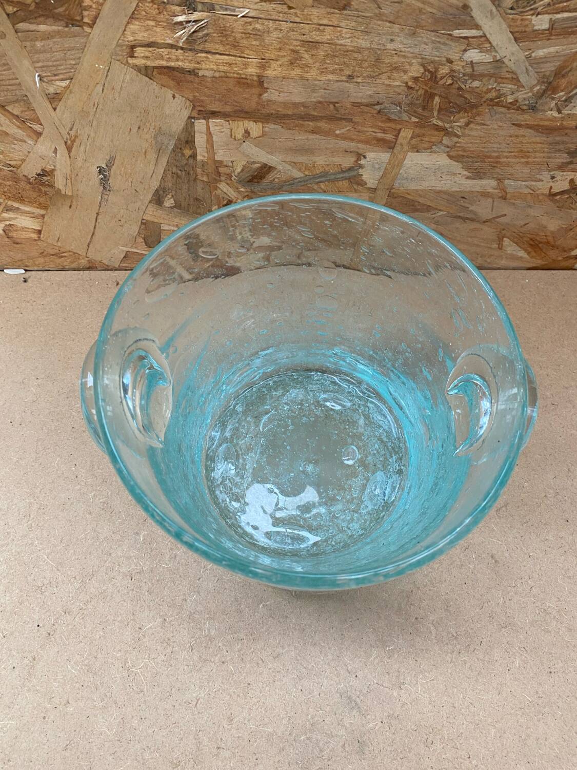 Antique BIOT Style Ice Bucket Blue Bubble Blown Glass Vintage #B620