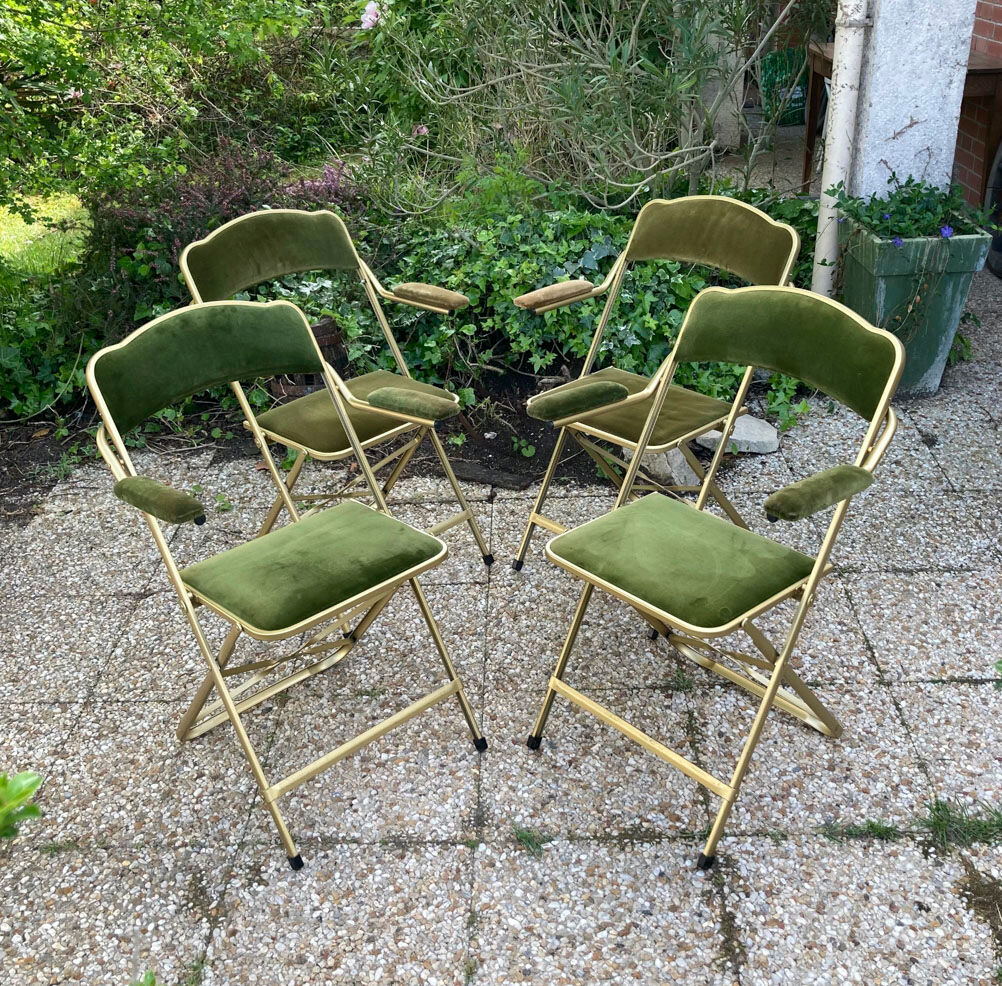 Set of 4 vintage folding armchairs in green velvet