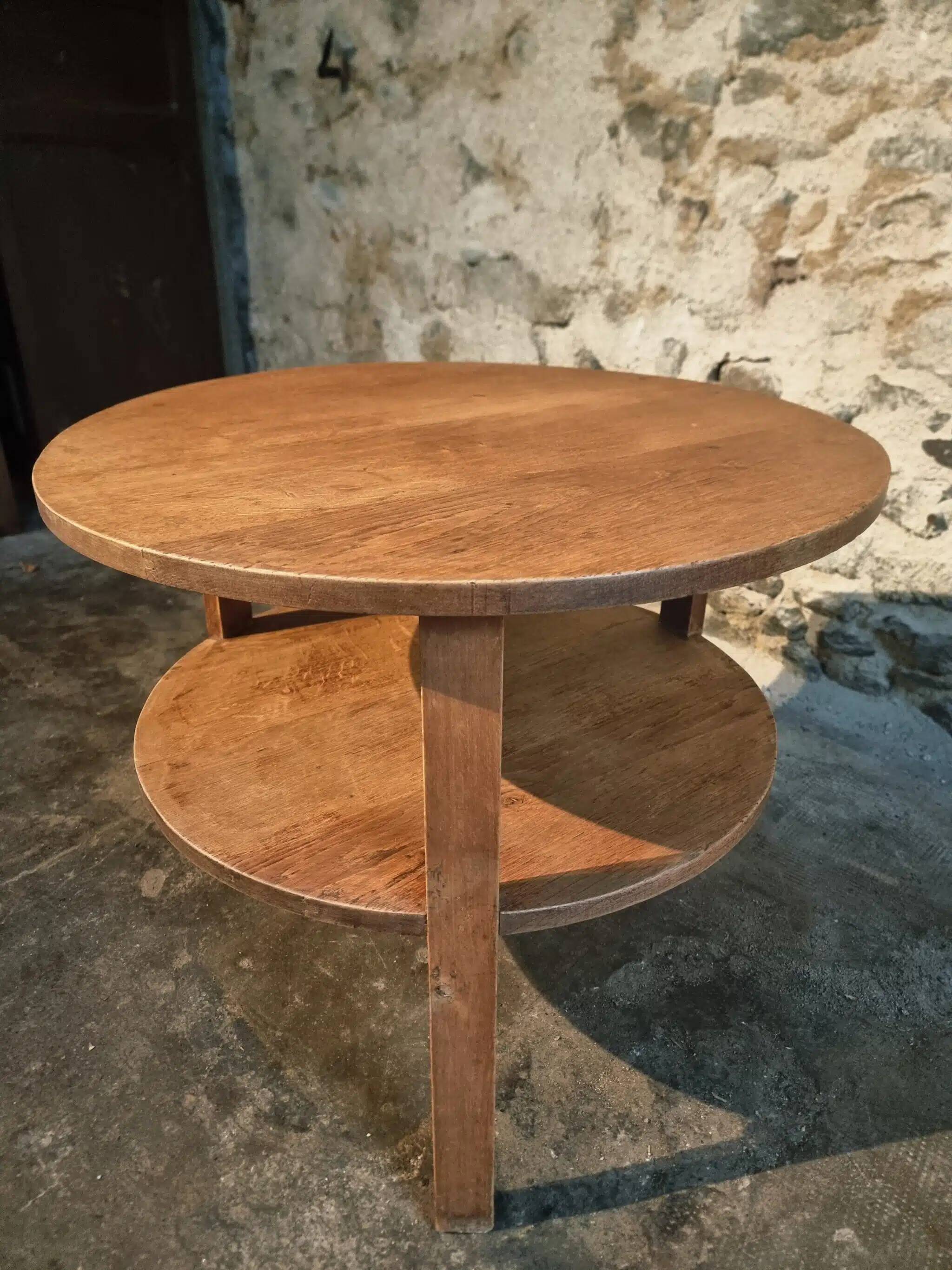 Vintage solid oak coffee table | 1930s round side table with shelf