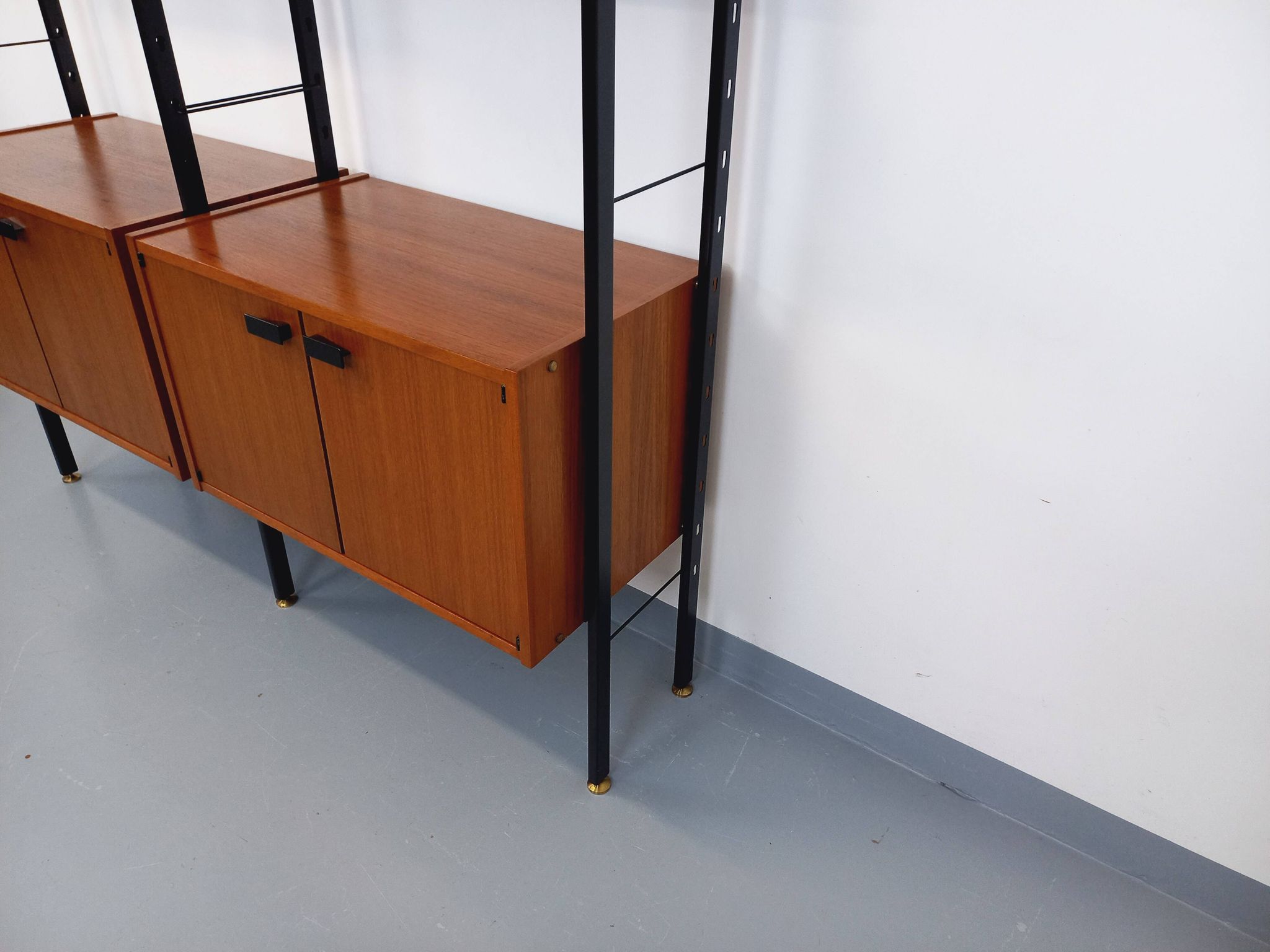 Vintage Italian double modular shelf bookcase in teak and metal