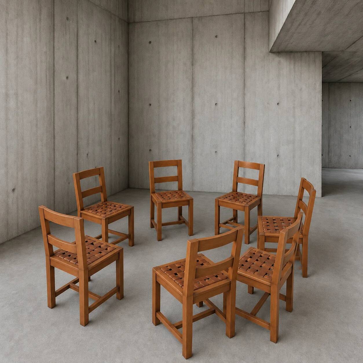 6 × chairs / dining table in oak / table openwork top / 2 inlaid glass panels / open woven leather seats / original set in very good condition / France 1950s