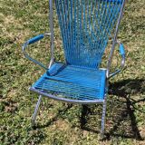 Vintage children's scoubidou chair with chrome metal frame and blue seat