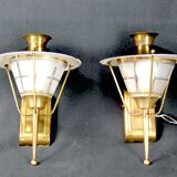 Mid-Century Brass, Black Metal and Opaline Gilt Glass Lantern and sconces, Maison Lunel, France