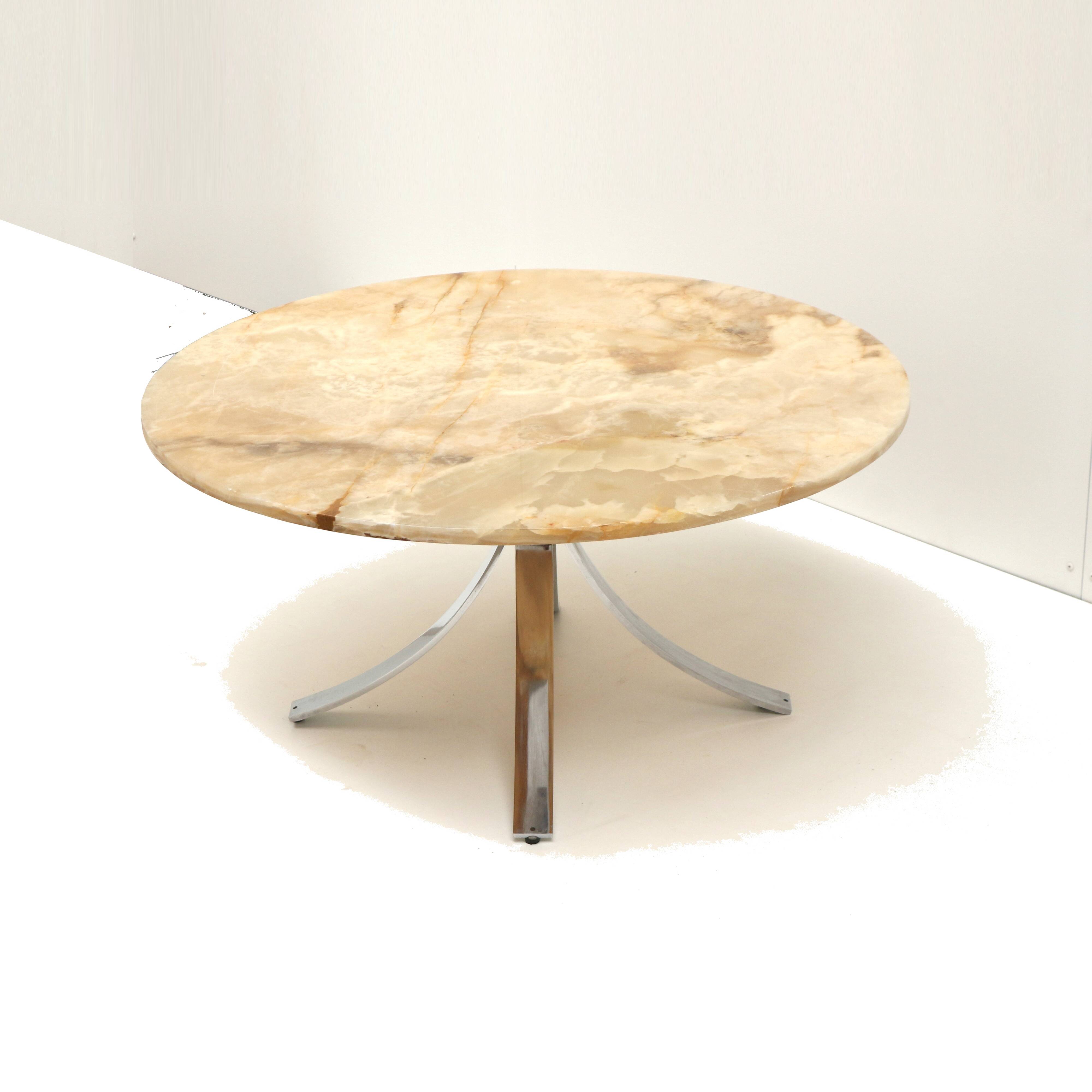 Round vintage onyx coffee table with chrome base from the 70s