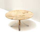 Round vintage onyx coffee table with chrome base from the 70s