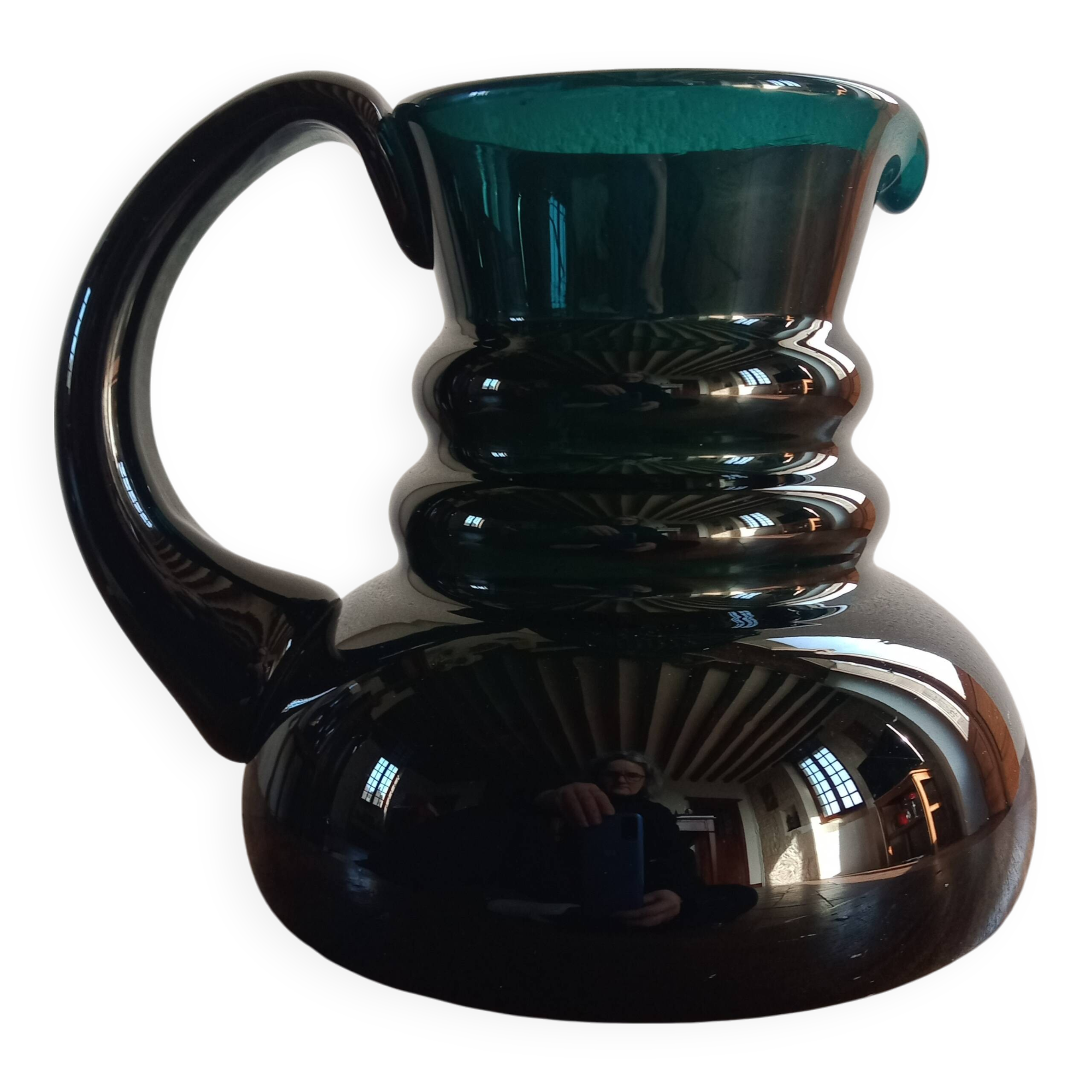 Deep green jug or pitcher with modern design - thick glass