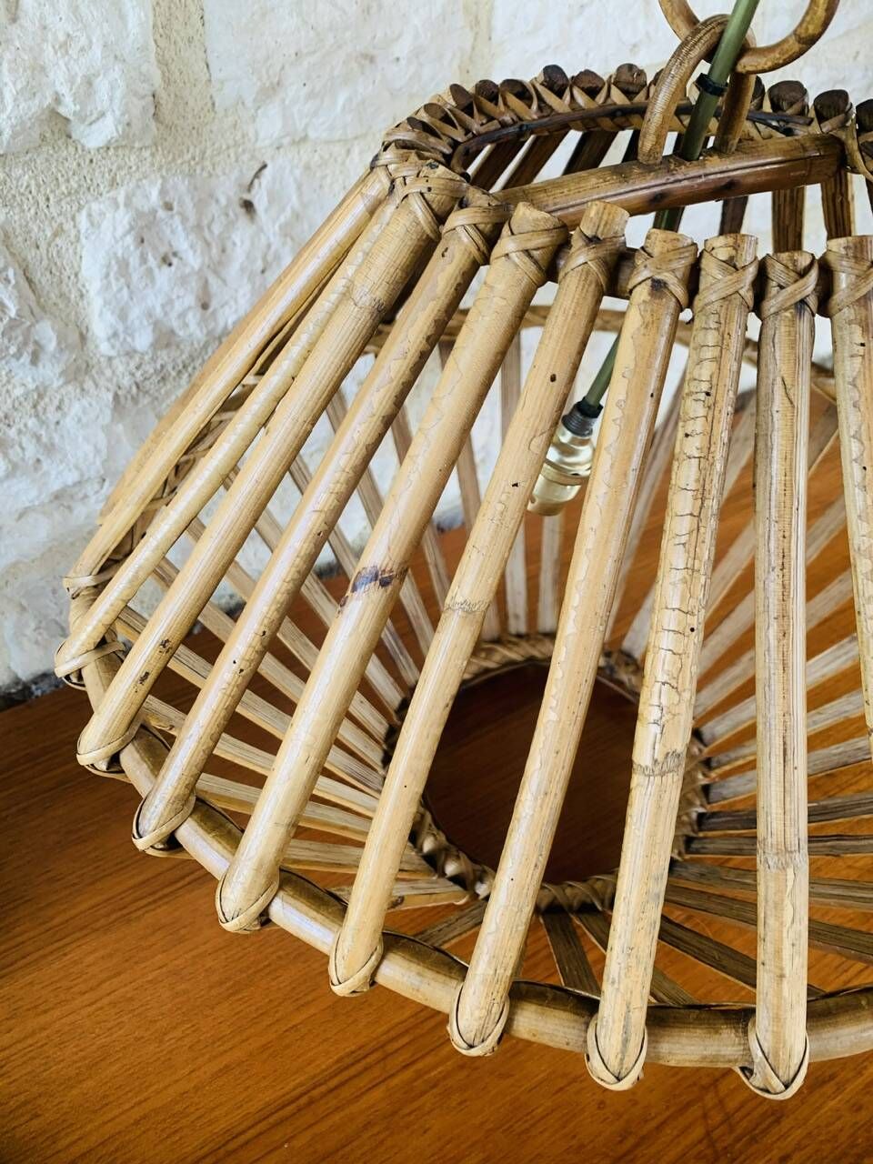 Large vintage pendant light in bamboo and rattan, circa 1960's
