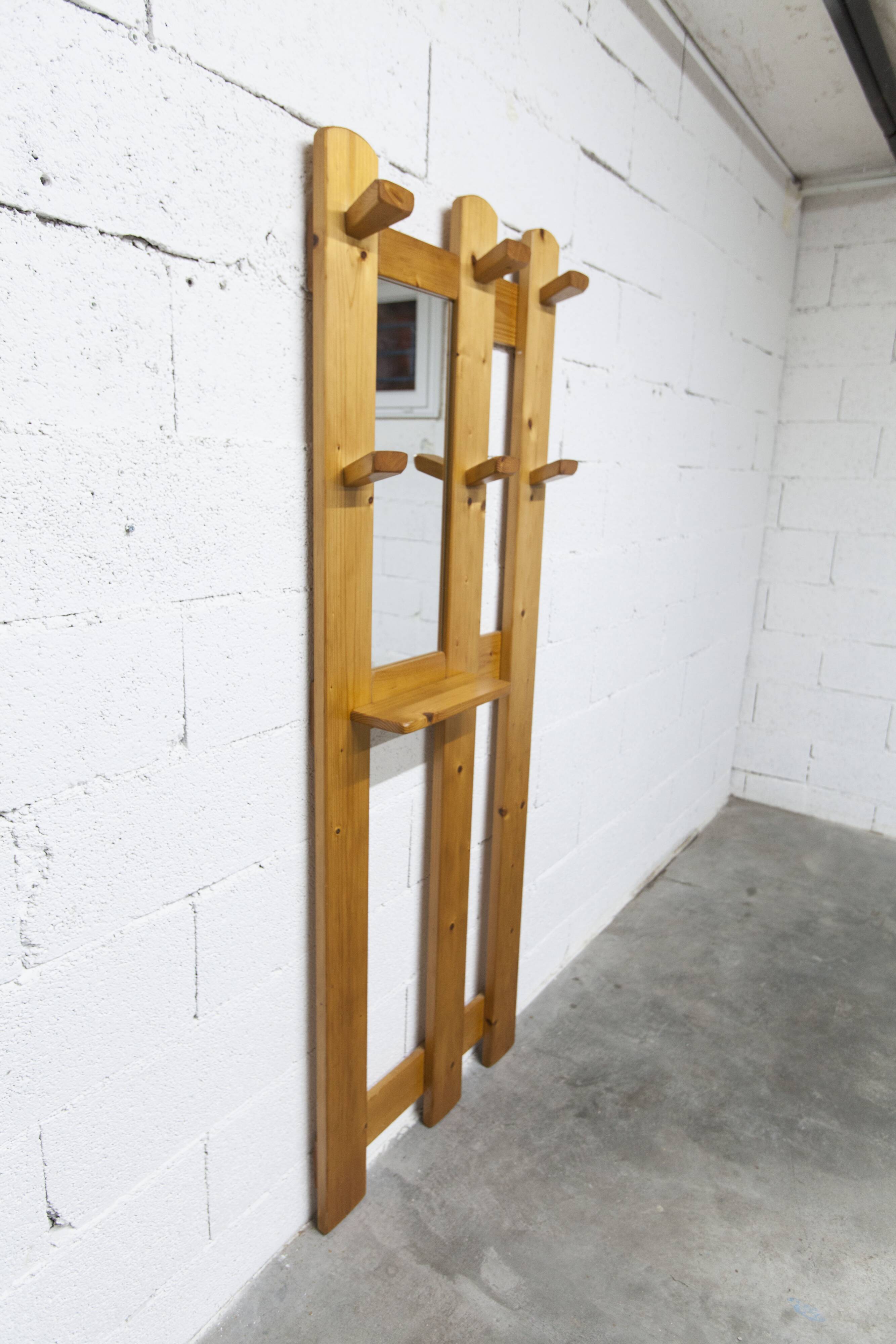 Wall-mounted coat rack, mountain style, pine, honey colour, 1970.