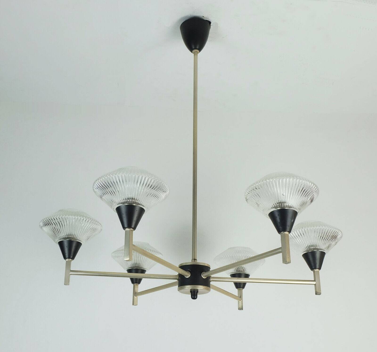 6-light mid century CHANDELIER pendant light glass aluminum and metal earyl 1960s