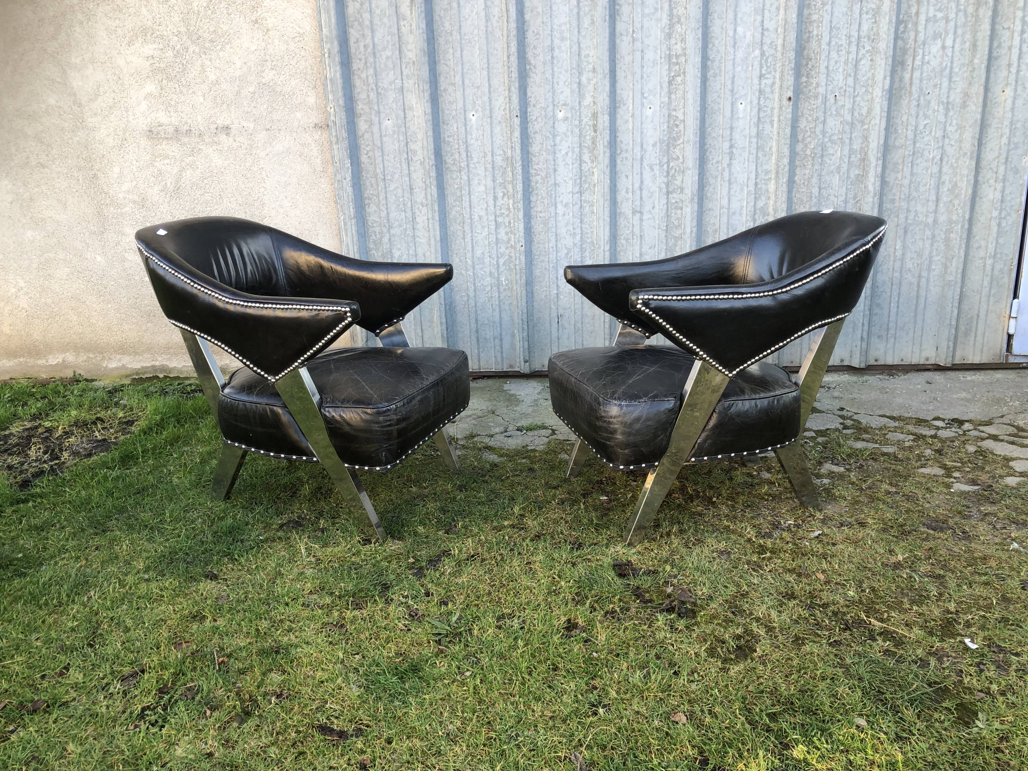 Pair of aviator chairs design XXeme leather and aluminum