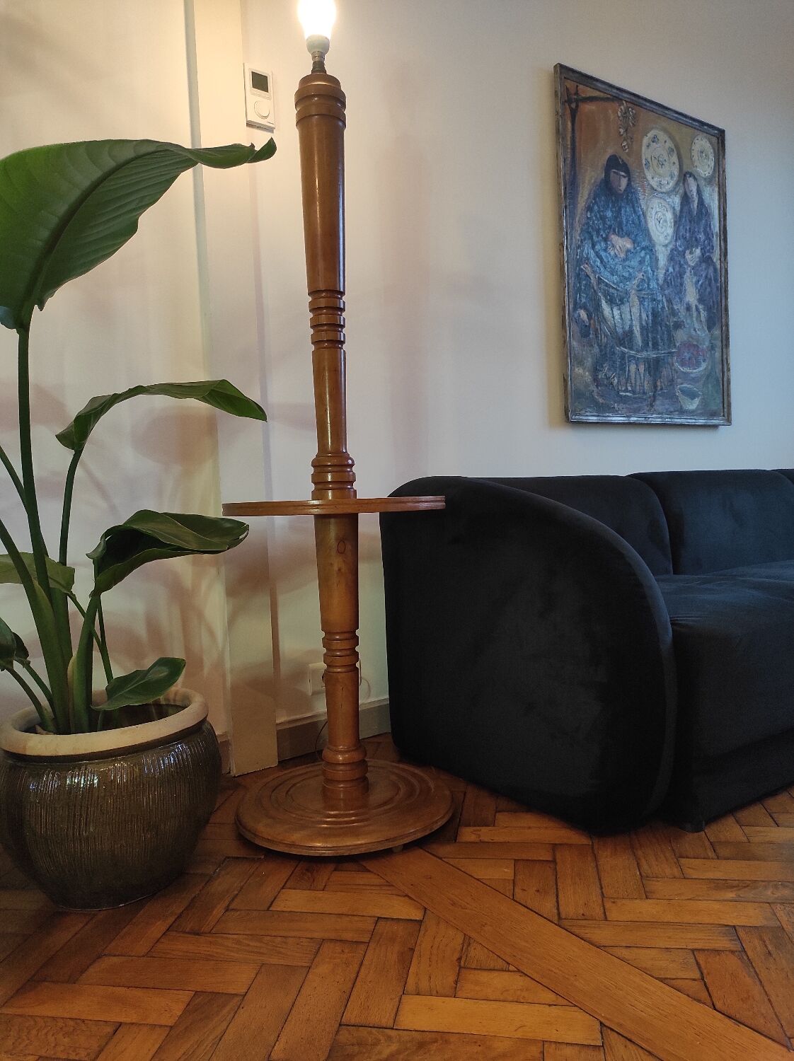 Vintage turned wooden floor lamp - 60s side table