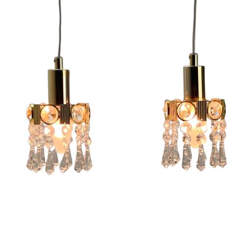 Two gold-plated brass and crystal pendant lights, by Palwa, 1960s design, Hollywood Regency.