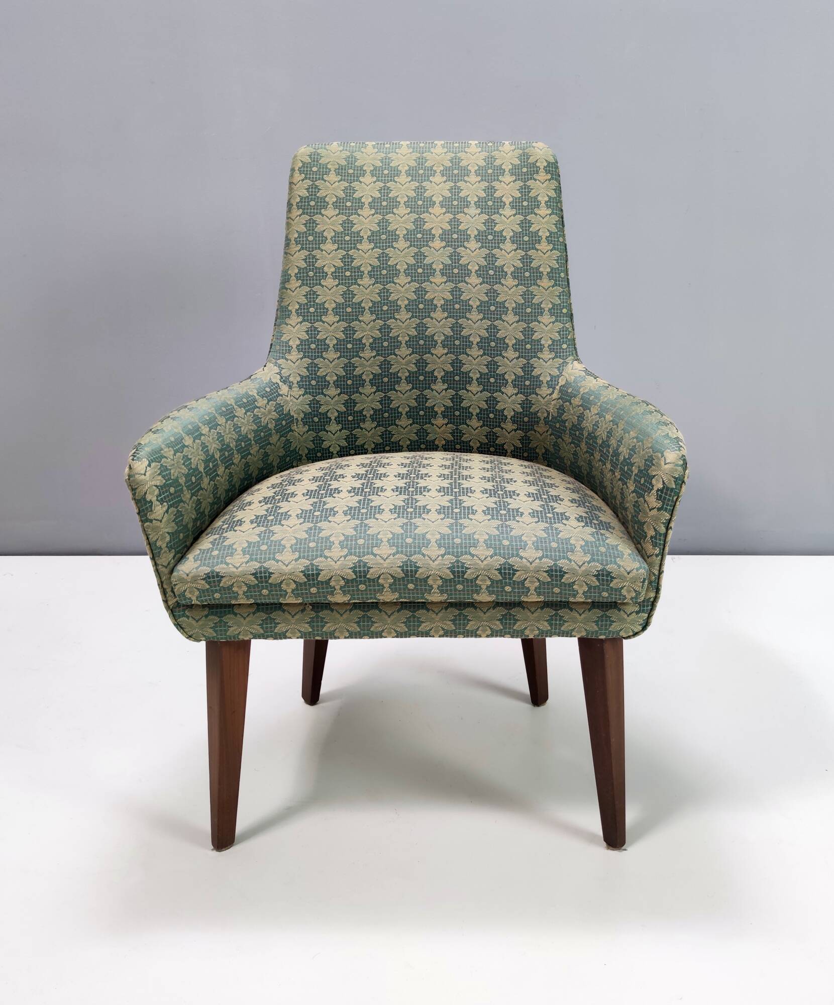 Pair of High-Quality Green Patterned Fabric and Beech Armchairs, Italy